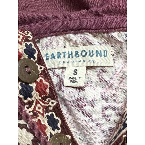 Earthbound Trading Company Top Linen Blend Hooded Small Fringe Geometric S/S - Picture 2 of 16